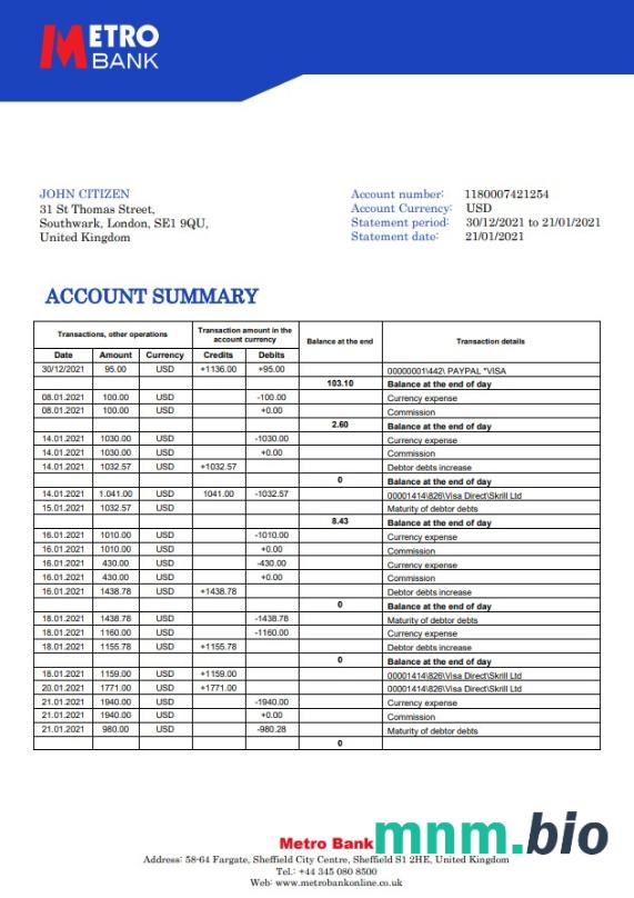 Wielka Brytania Metro Bank szablon w formacie excel pdf